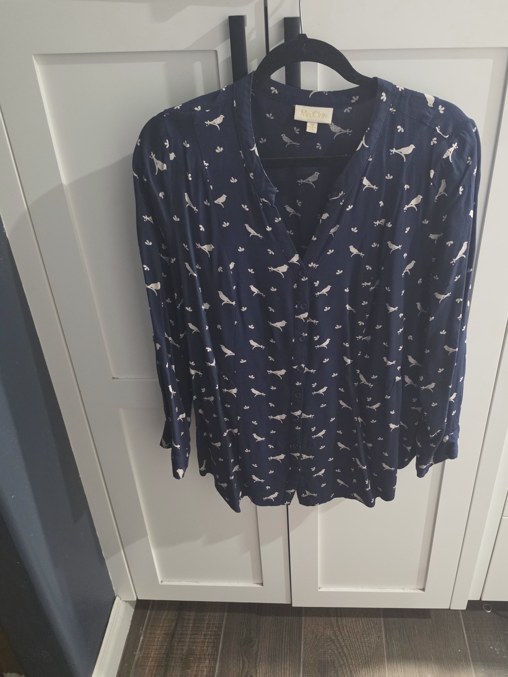 ModCloth Navy Bird-Print Long-Sleeve Blouse